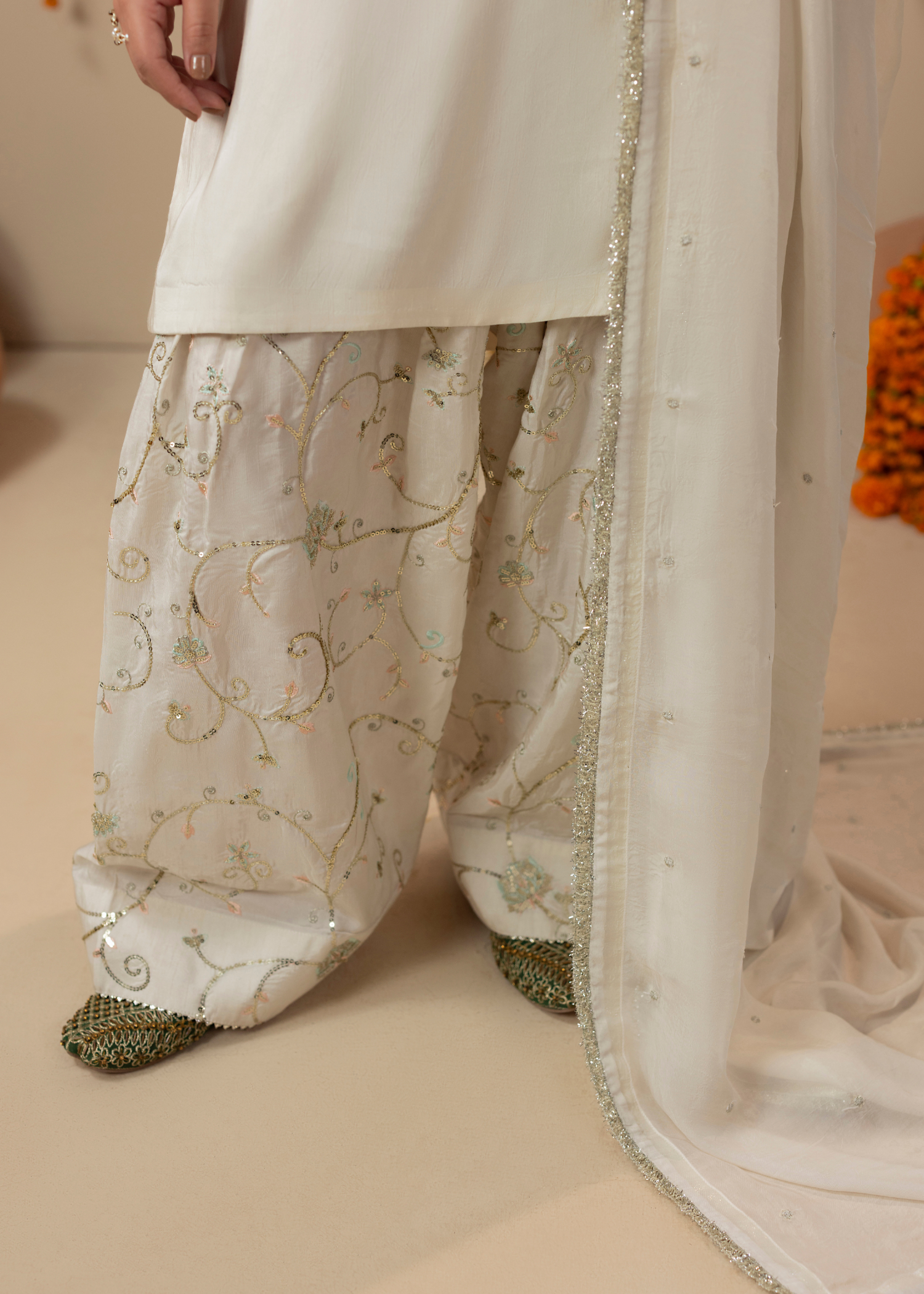Off-White Raw Silk Embellished Farshi Suit Online in Sri Lanka India Australia