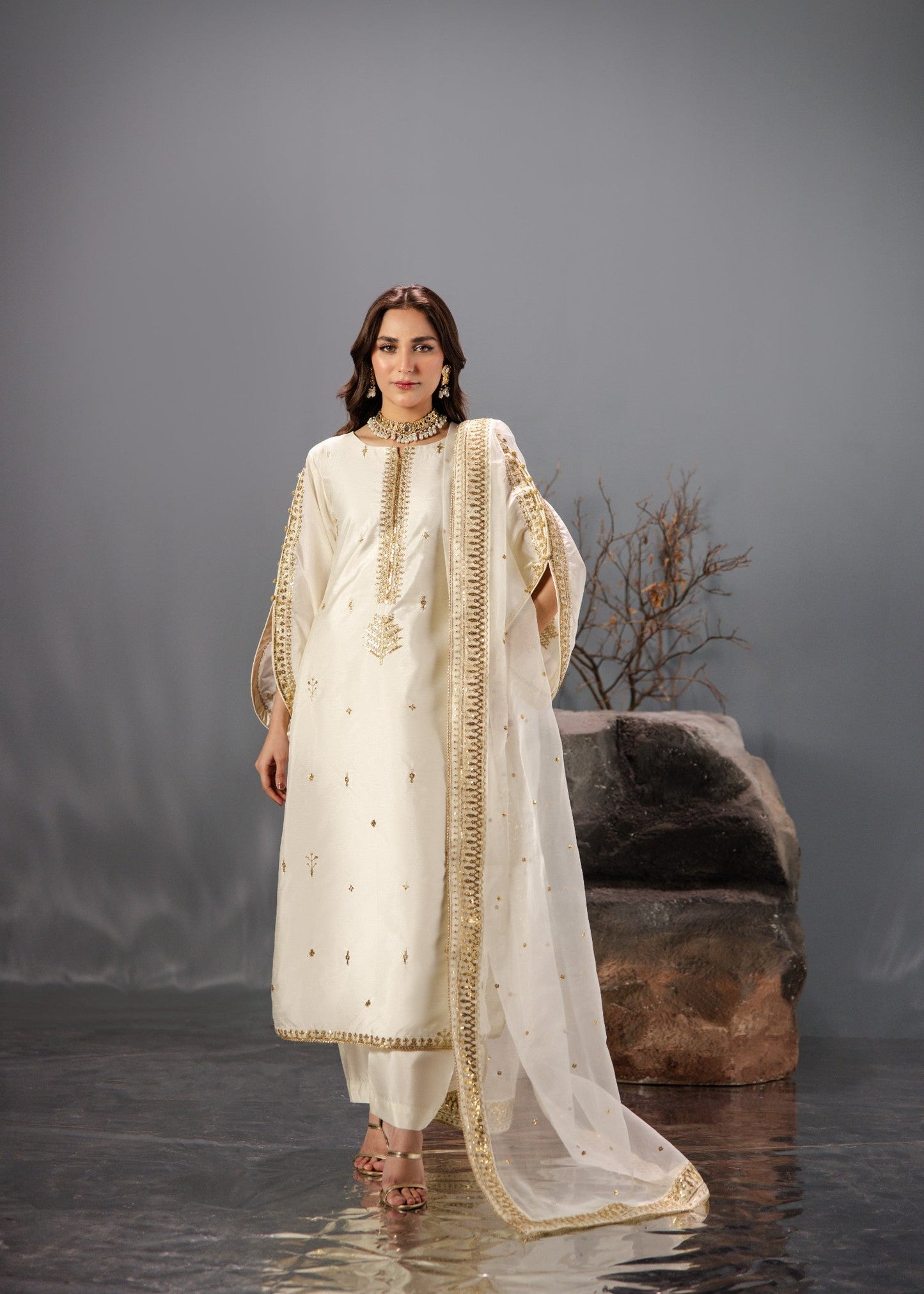 Off-White Raw Silk Long Kurta with Straight Trouser Online in Dubai UAE Abudhabi Ajman Sharjah