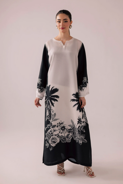 Off-White Raw Silk Printed Kaftan Online in Dubai UAE Abudhabi Ajman Sharjah