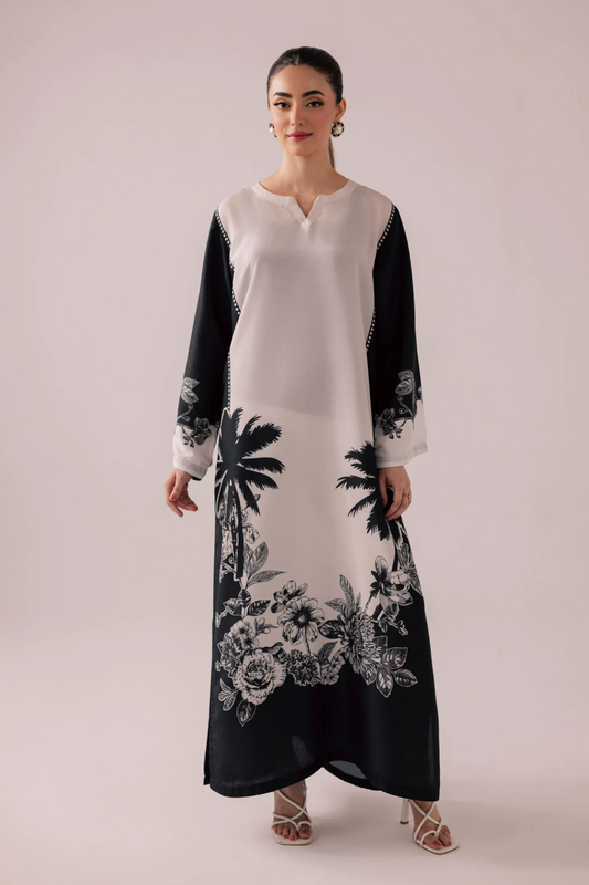 Off-White Raw Silk Printed Kaftan Online in Dubai UAE Abudhabi Ajman Sharjah