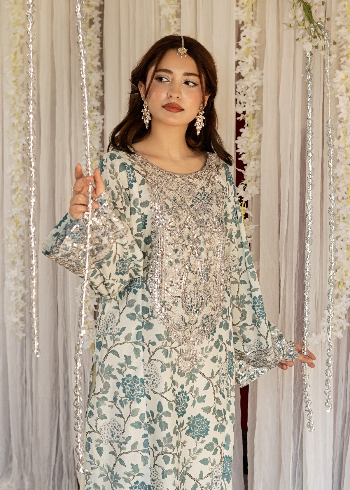 Off-White Sequin Embroidered Lawn Kurta Set Online in Sri Lanka India Australia
