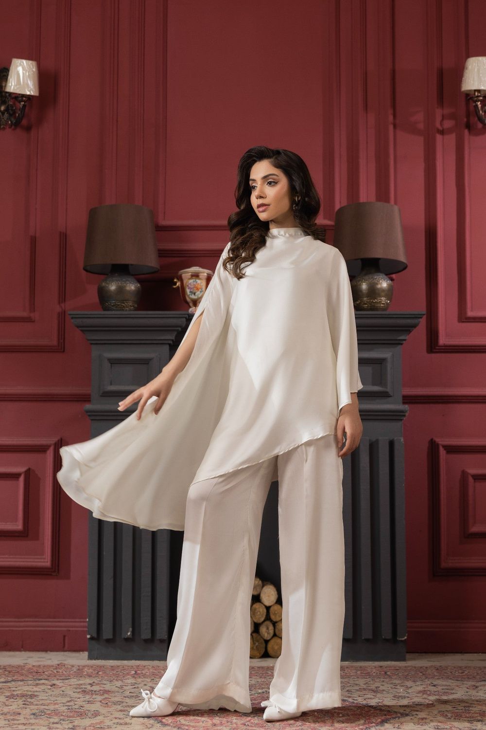 Off-White Silk Cape Style Festive Suit Online in Dubai UAE Abudhabi Ajman Sharjah