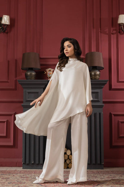 Off-White Silk Cape Style Festive Suit Online in Dubai UAE Abudhabi Ajman Sharjah