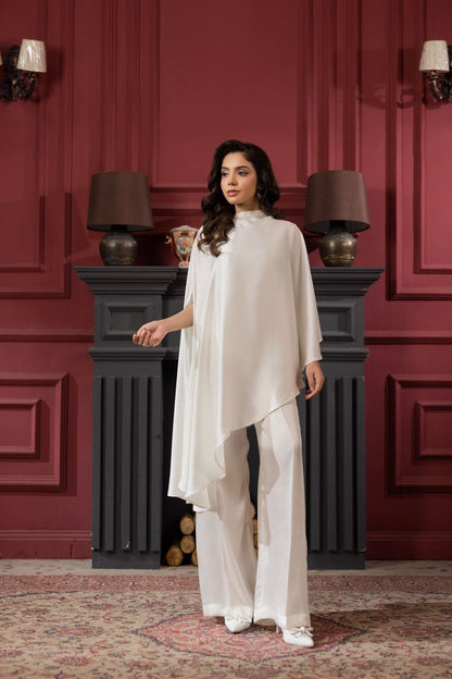 Off-White Silk Cape-Style Kaftan Set Online in Dubai UAE Abudhabi Ajman Sharjah