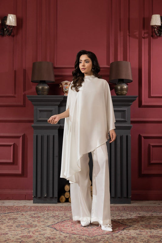 Off-White Silk Cape-Style Kaftan Set Online in Dubai UAE Abudhabi Ajman Sharjah
