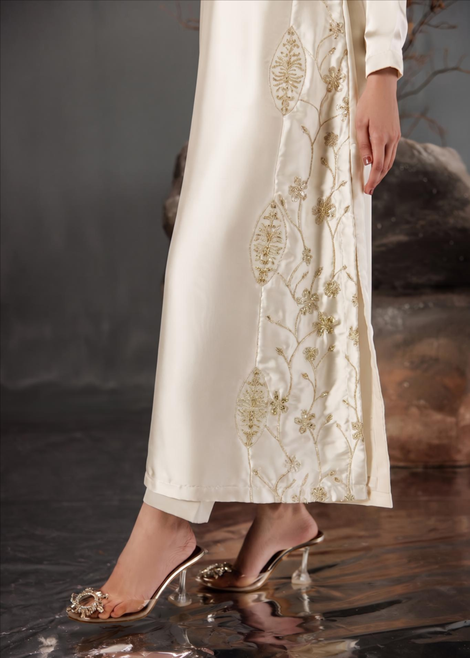 Off-White Silk Embroidered Long Kurta Set Online in Dubai DXB UAE Abudhabi Meena Bazaar