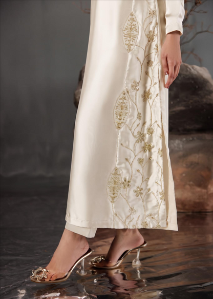 Off-White Silk Embroidered Long Kurta Set Online in Dubai DXB UAE Abudhabi Meena Bazaar