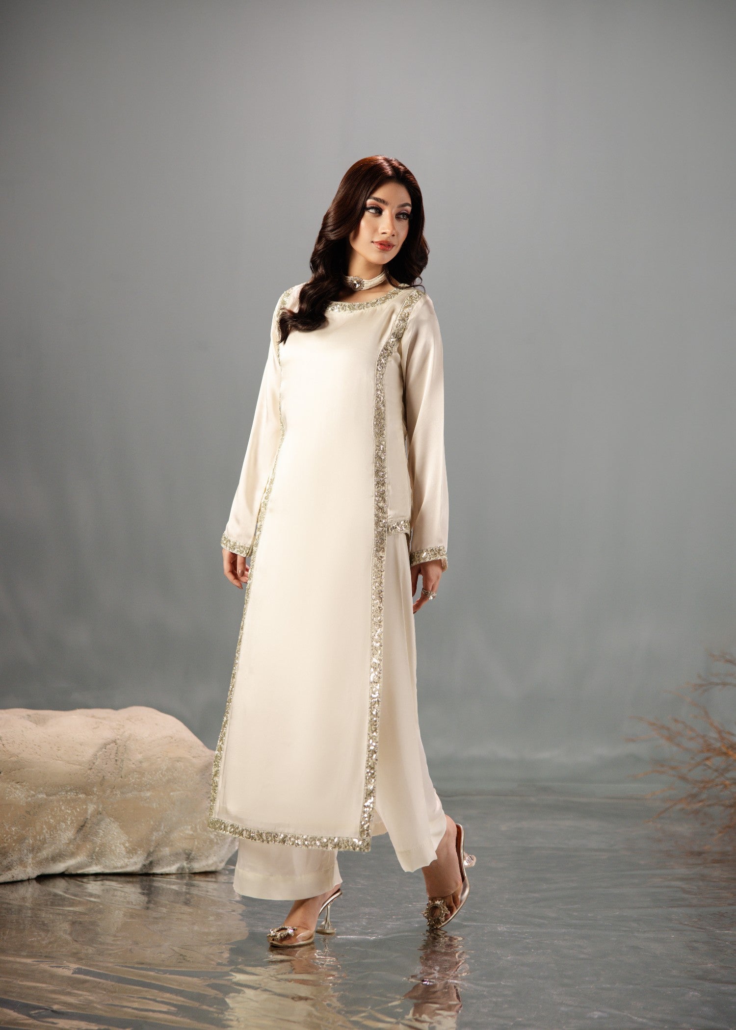 Off-White Silk Plazzo Stone Work Kurta Suit Online in Dubai UAE Abudhabi Ajman Sharjah