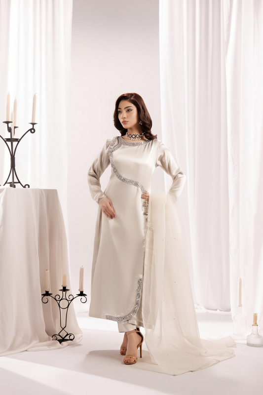 Off-White Stone Work Silk Kurta Set Online in Dubai UAE Abudhabi Ajman Sharjah