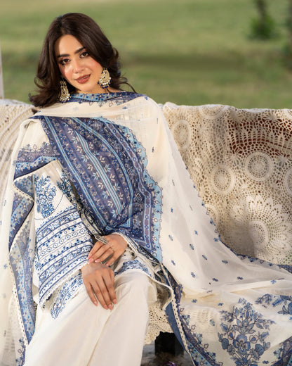 off White and blue cotton Thread Work Ladies Suit Online in UK USA Canada