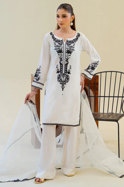 Off White Viscose Raw Silk Embroidered Kurta Set with Dupatta