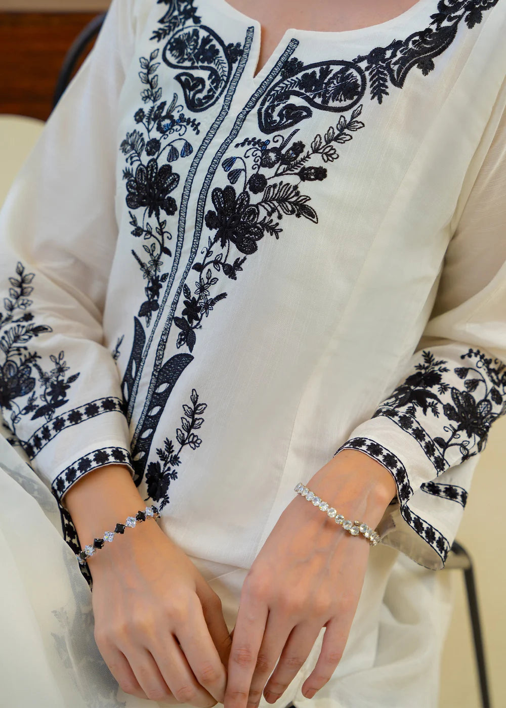 Off White Viscose Raw Silk Embroidered Kurta Set with Dupatta