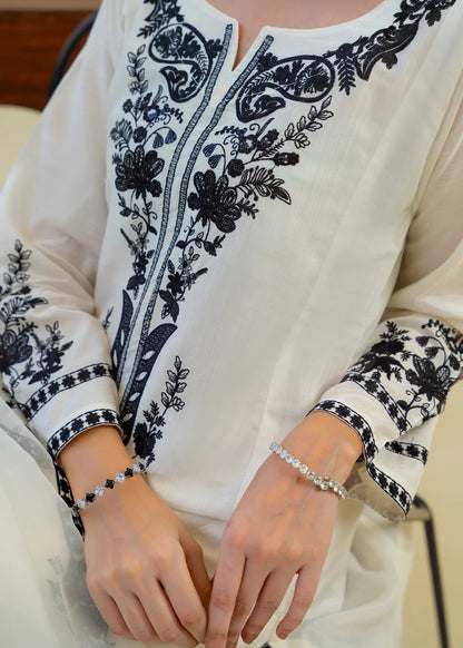 Off White Viscose Raw Silk Embroidered Kurta Set with Dupatta