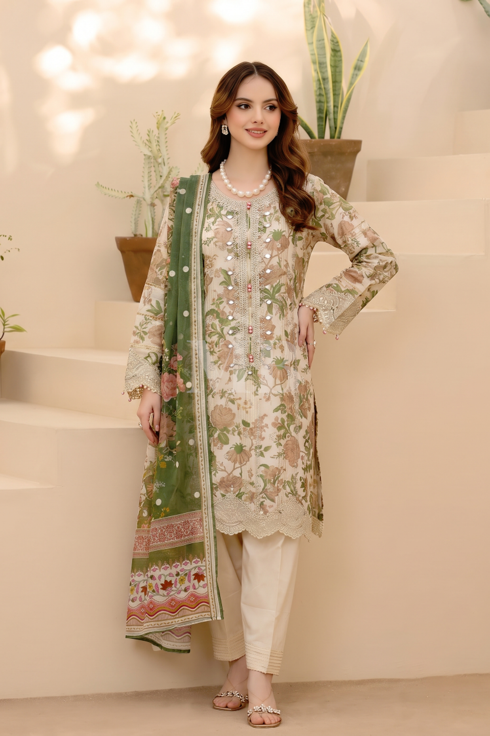 Olive Embroidered Munaar Pakistani Suit Online in Dubai UAE Abudhabi Ajman Sharjah