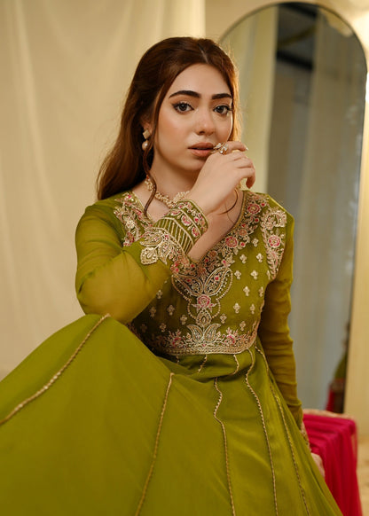 Olive Green Chiffon Embroidered Party Wear Pishwas Online in Dubai DXB UAE Abudhabi Meena Bazaar