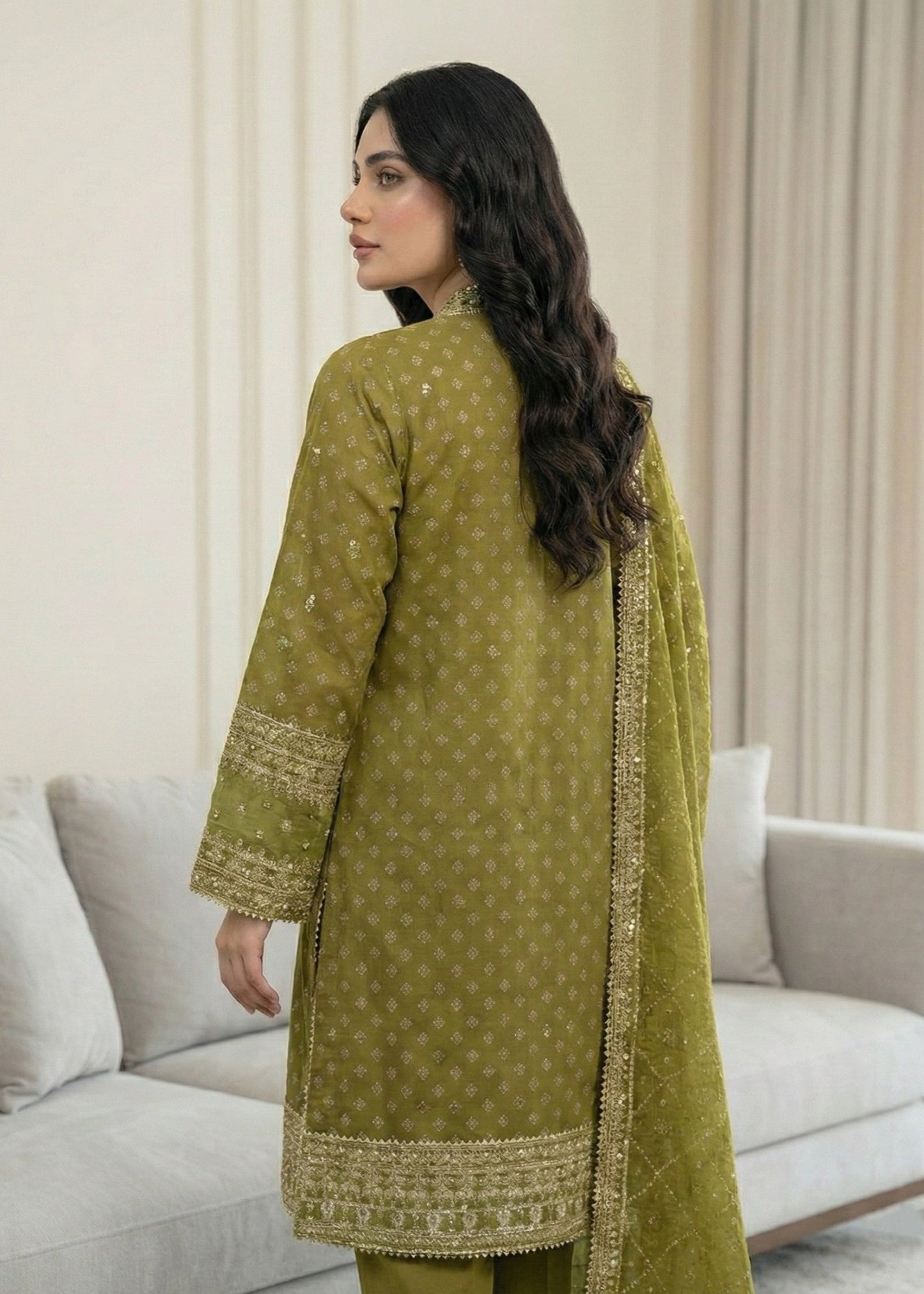 Olive Green Chiffon Embroidered Partywear Suit Online in Dubai UAE Abudhabi Ajman Sharjah