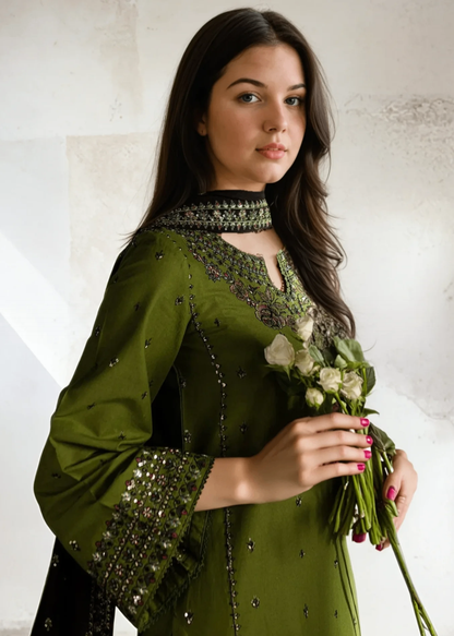 Olive Green Cotton 3 Piece Kurta Set Online in Sri Lanka India Australia