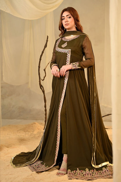 Olive Green Embellished Chiffon Partywear Suit Online in Dubai UAE Abudhabi Ajman Sharjah