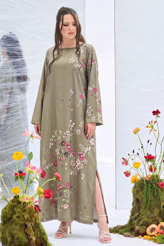 Olive Green Embellished Corduroy Kaftan Online in Dubai UAE Abudhabi Ajman Sharjah