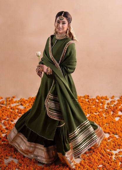 Olive Green Embellished Raw Silk Gharara Online in Dubai DXB UAE Abudhabi Meena Bazaar