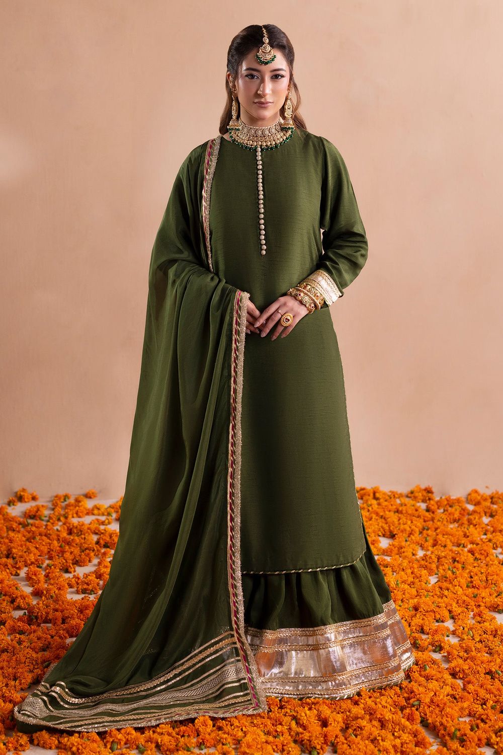 Olive Green Embellished Raw Silk Gharara Online in Dubai UAE Abudhabi Ajman Sharjah