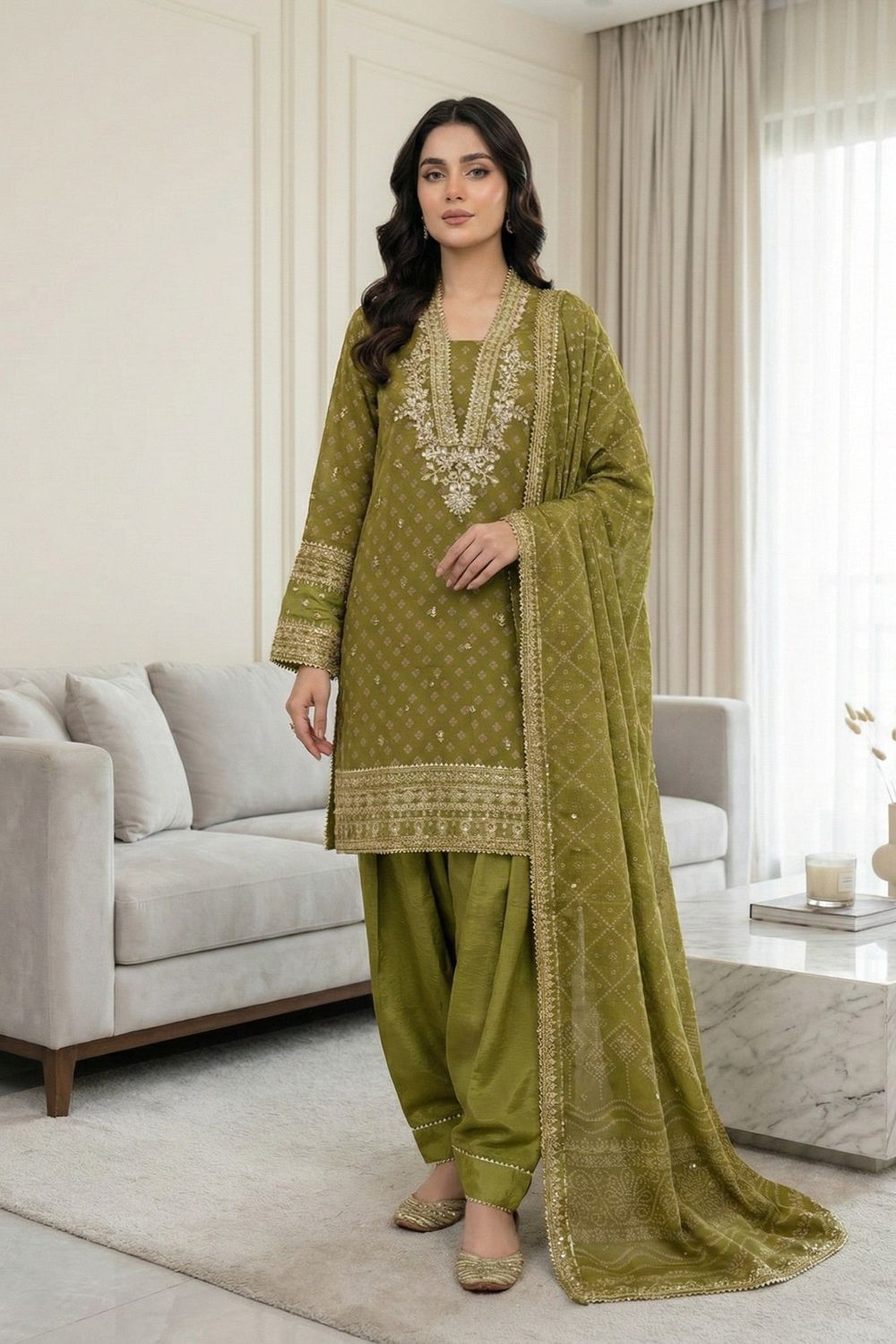 Olive Green Embroidered Chiffon Farshi Shalwar Suit Online in Dubai UAE Abudhabi Ajman Sharjah