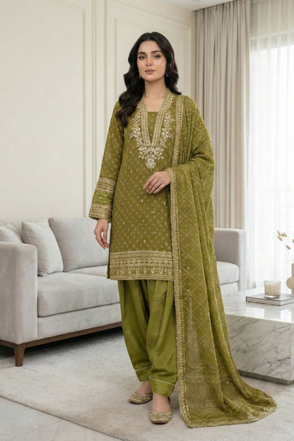 Olive Green Embroidered Chiffon Farshi Shalwar Suit Online in Dubai UAE Abudhabi Ajman Sharjah
