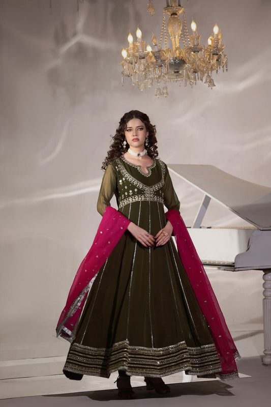 Olive Green Embroidered Chiffon Flared Pishwas Suit Online in Dubai UAE Abudhabi Ajman Sharjah