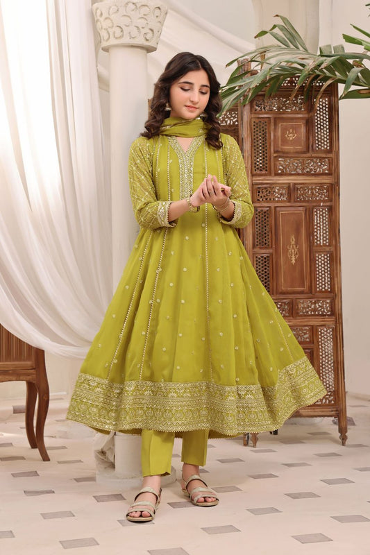 Olive Green Embroidered Chiffon Kalidar Maxi Dress Online in Dubai UAE Abudhabi Ajman Sharjah