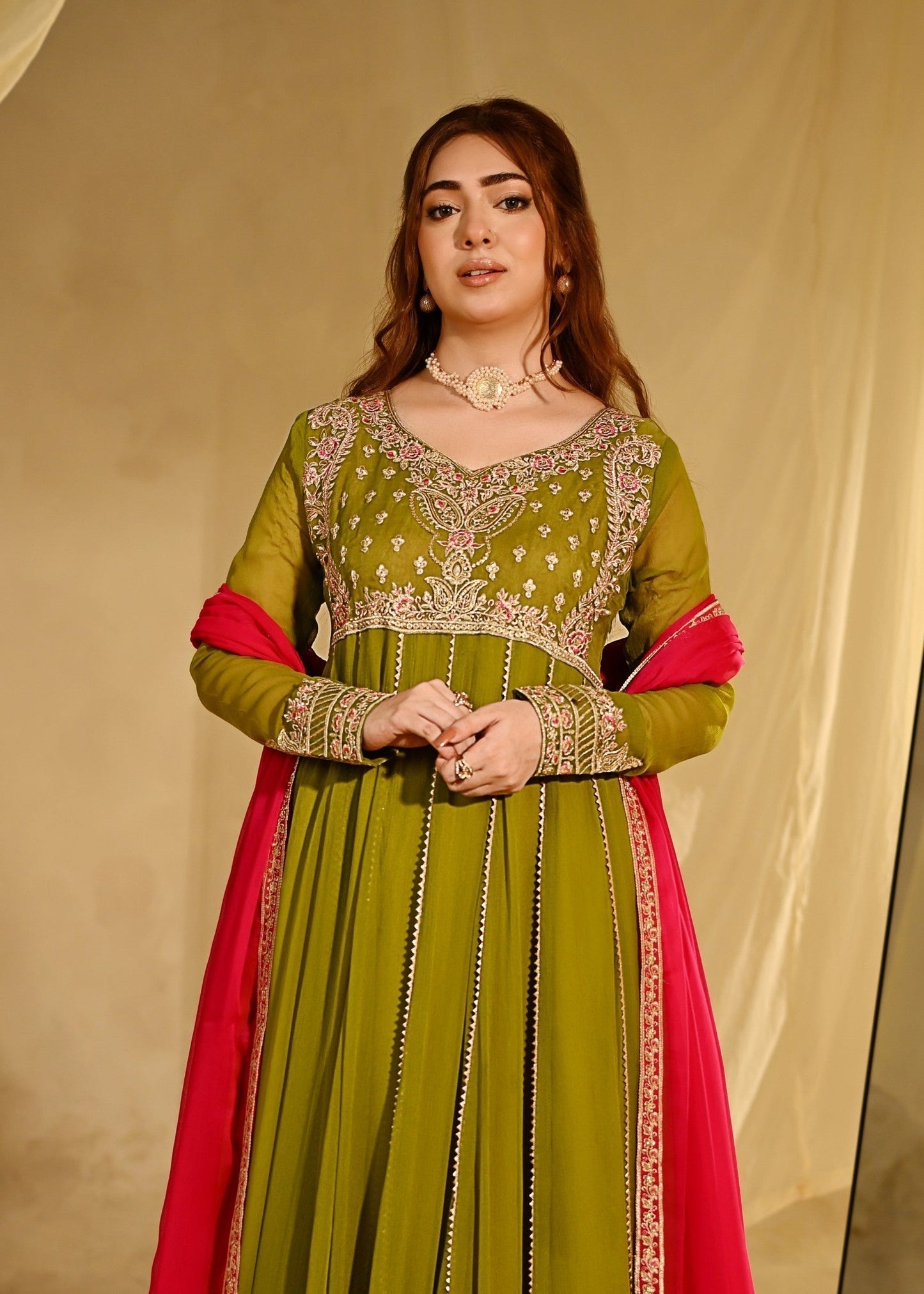 Olive Green Embroidered Chiffon Ladies Suit Online in UK USA Canada
