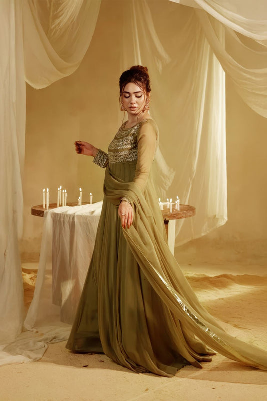 Olive Green Embroidered Chiffon Partywear Suit Online in Dubai UAE Abudhabi Ajman Sharjah