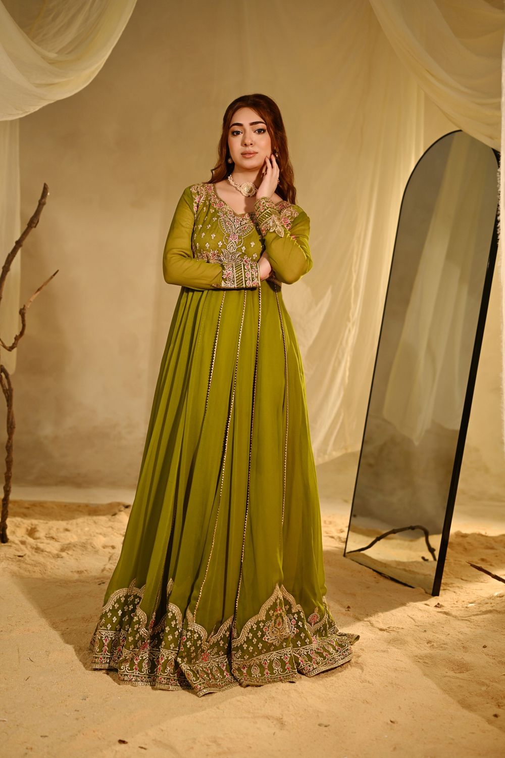 Olive Green Embroidered Chiffon Partywear Suit Online in Dubai UAE Abudhabi Ajman Sharjah