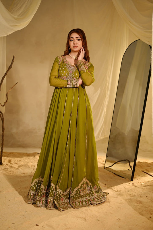 Olive Green Embroidered Chiffon Partywear Suit Online in Dubai UAE Abudhabi Ajman Sharjah