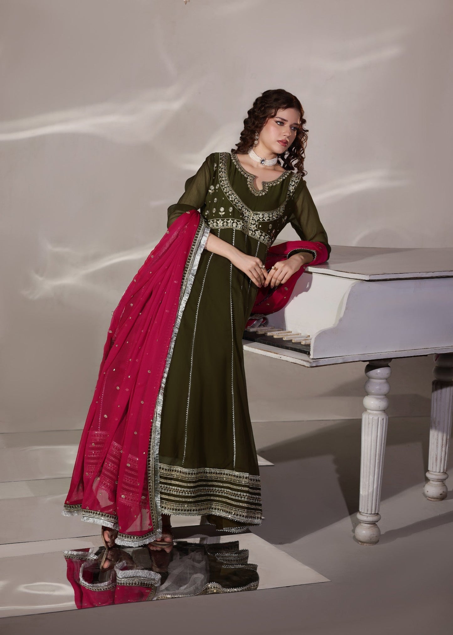 Olive Green Embroidered Chiffon Pishwas Suit Online in Dubai DXB UAE Abudhabi Meena Bazaar