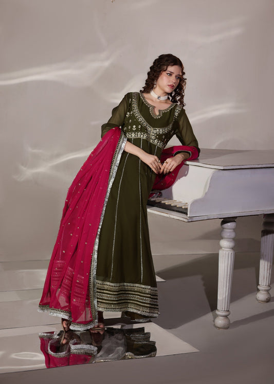 Olive Green Embroidered Chiffon Pishwas Suit Online in Dubai DXB UAE Abudhabi Meena Bazaar