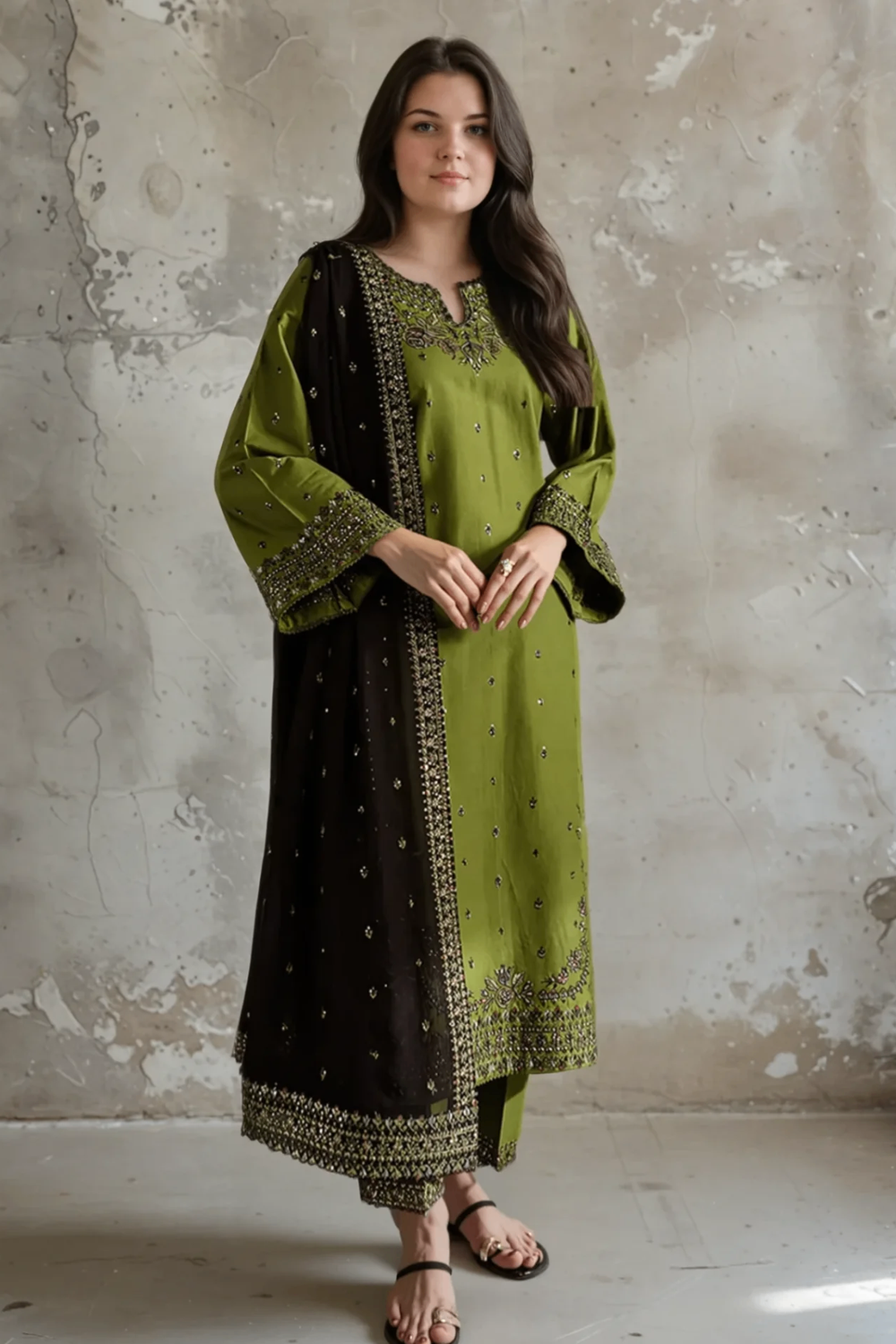 Olive Green Embroidered Cotton Daily Wear Suit Online in Dubai UAE Abudhabi Ajman Sharjah