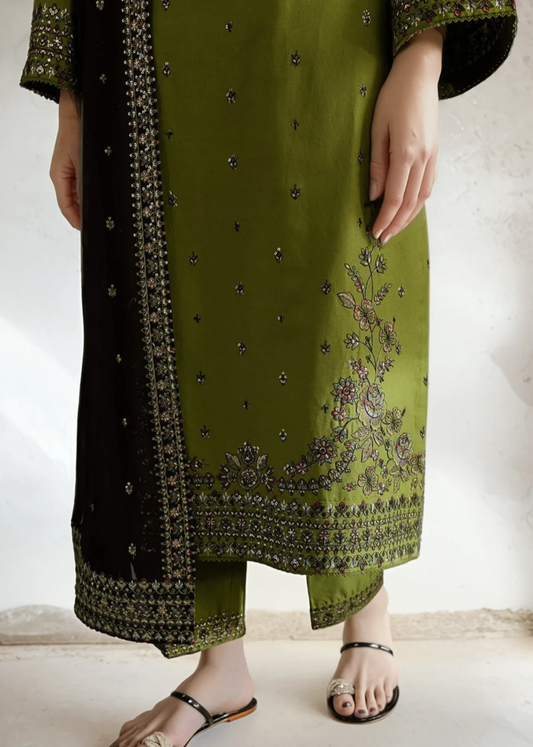 Olive Green Embroidered Cotton Salwar Kameez Online in Dubai DXB UAE Abudhabi Meena Bazaar
