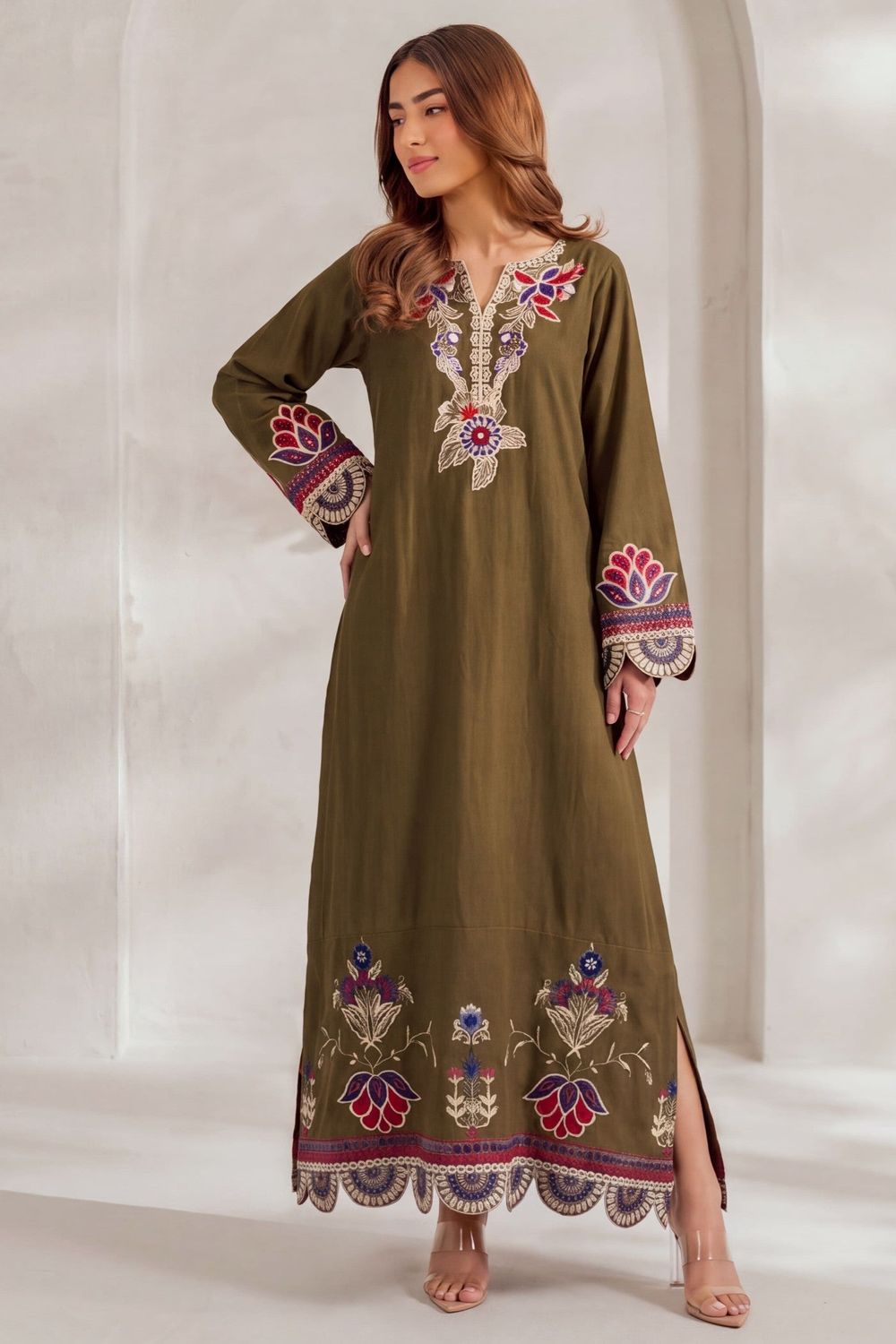 Olive Green Embroidered Dhanak Kaftan Online in Dubai UAE Abudhabi Ajman Sharjah