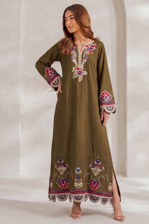 Olive Green Embroidered Dhanak Kaftan Online in Dubai UAE Abudhabi Ajman Sharjah