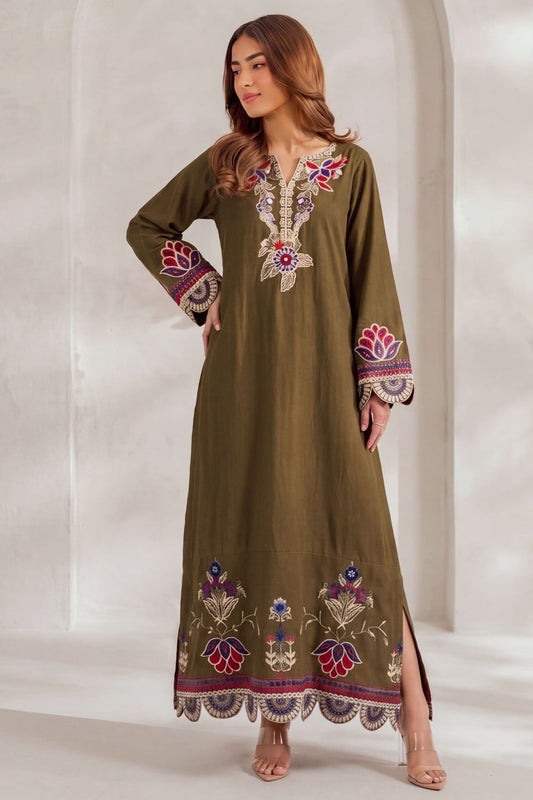 Olive Green Embroidered Dhanak Kaftan Online in Dubai UAE Abudhabi Ajman Sharjah