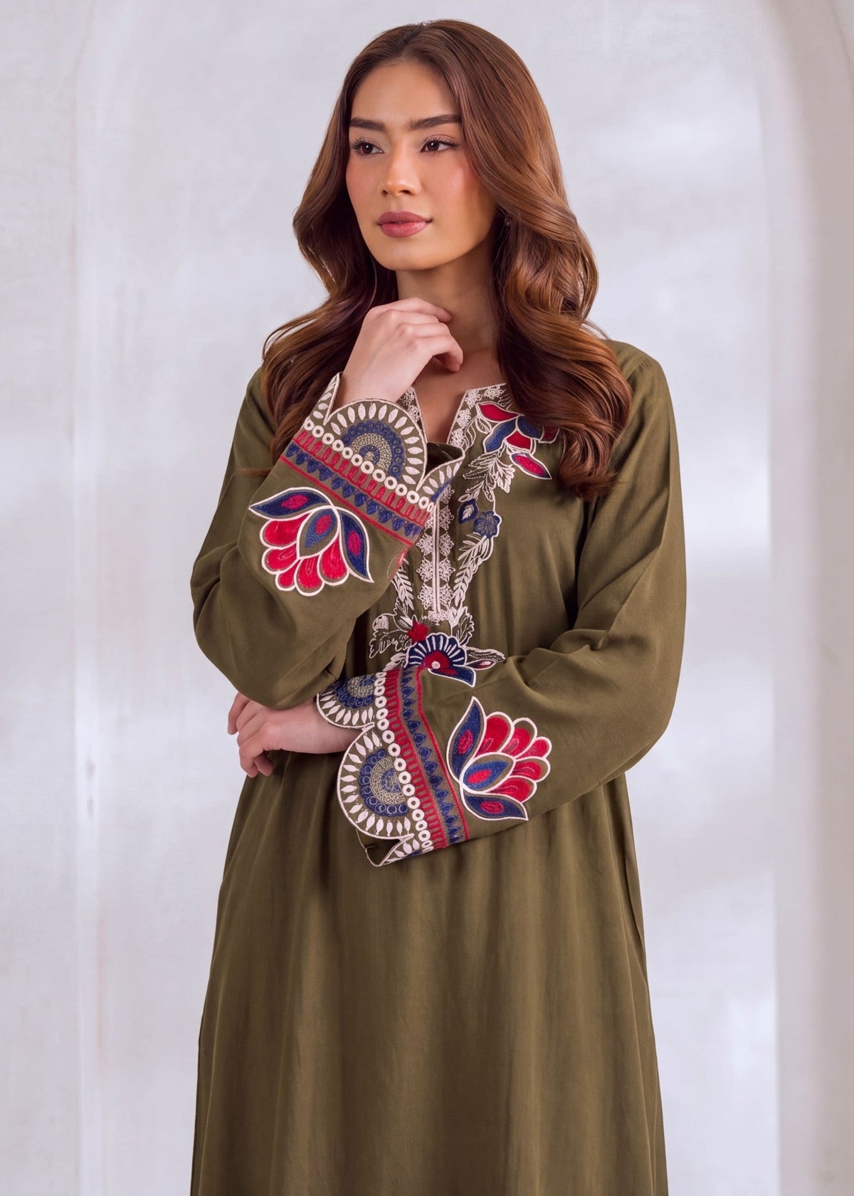 Olive Green Embroidered Kaftan Online in Dubai DXB UAE Abudhabi Meena Bazaar
