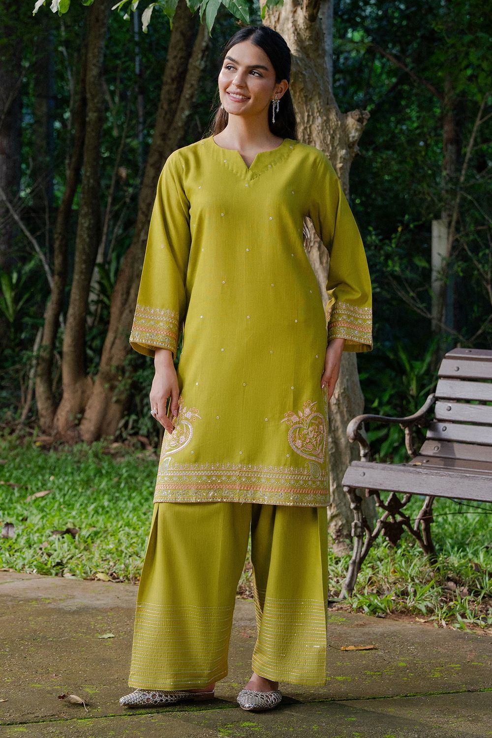 Olive Green Embroidered Khaddar Kurta Set Online in Dubai UAE Abudhabi Ajman Sharjah