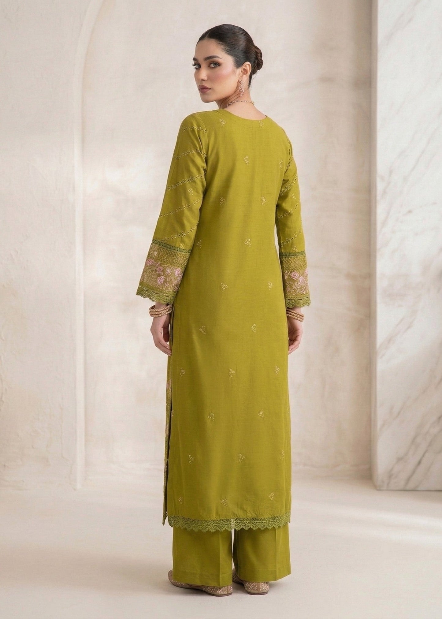 Olive Green Embroidered Lawn 3 Piece Dress Online in Sri Lanka India Australia