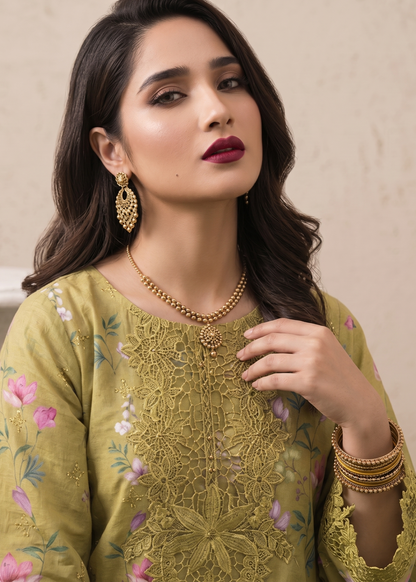 Olive Green Embroidered Lawn 3 Piece Online in Dubai UAE Abudhabi Ajman Sharjah