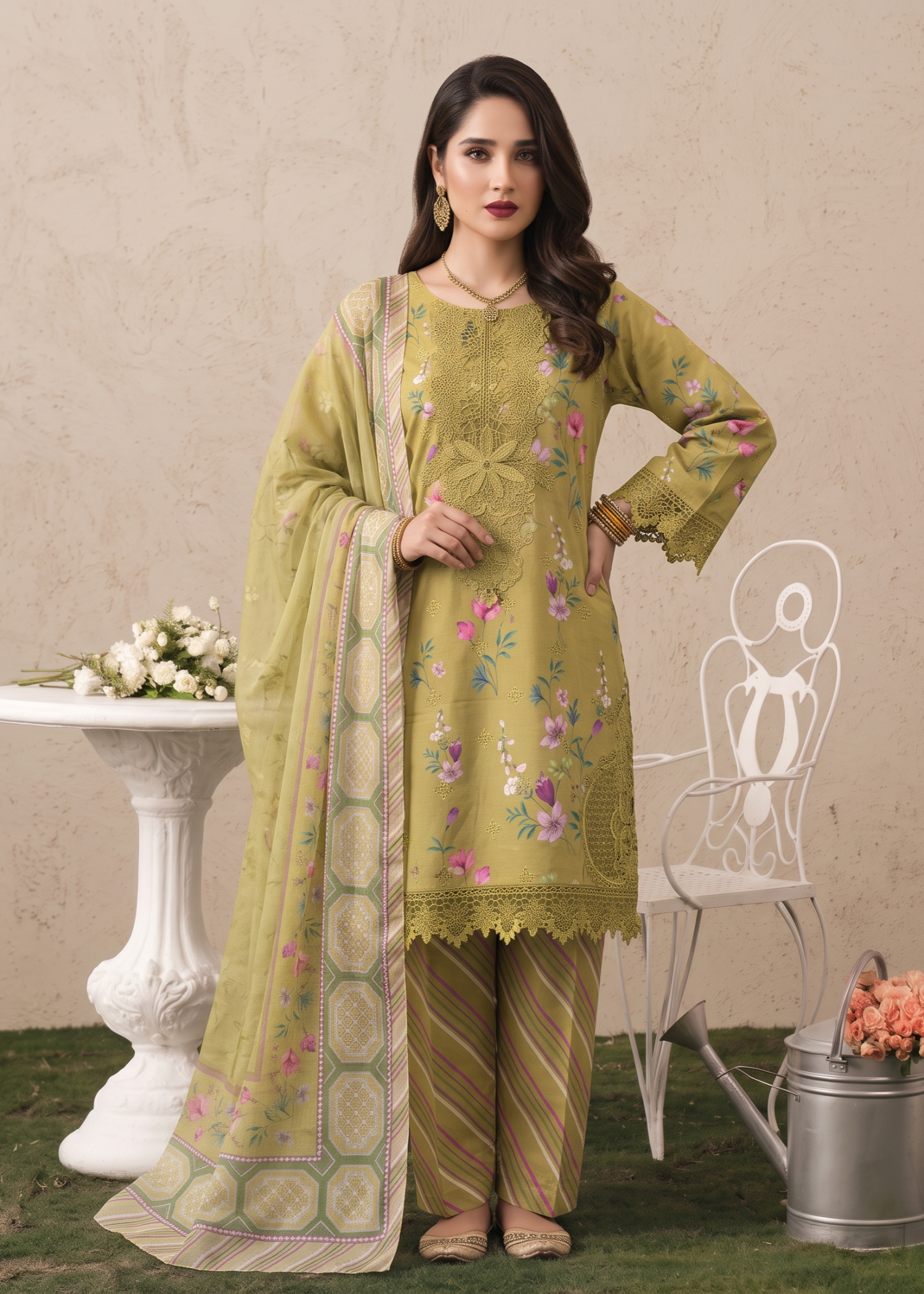 Olive Green Embroidered Lawn 3 Piece Suit Online in Dubai DXB UAE Abudhabi Meena Bazaar