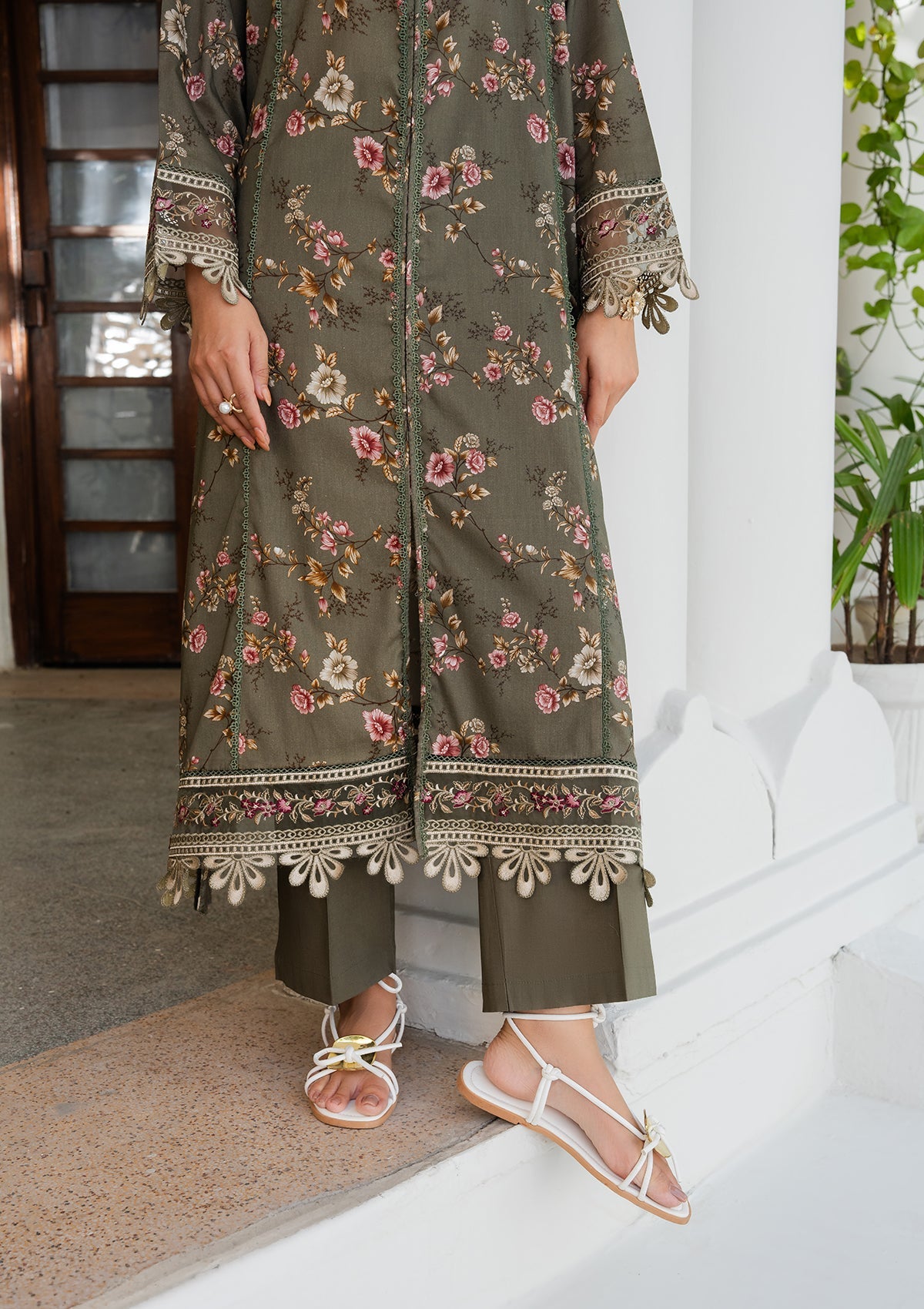 Olive Green Embroidered Lawn 3 Piece Suit Online in Sri Lanka India Australia