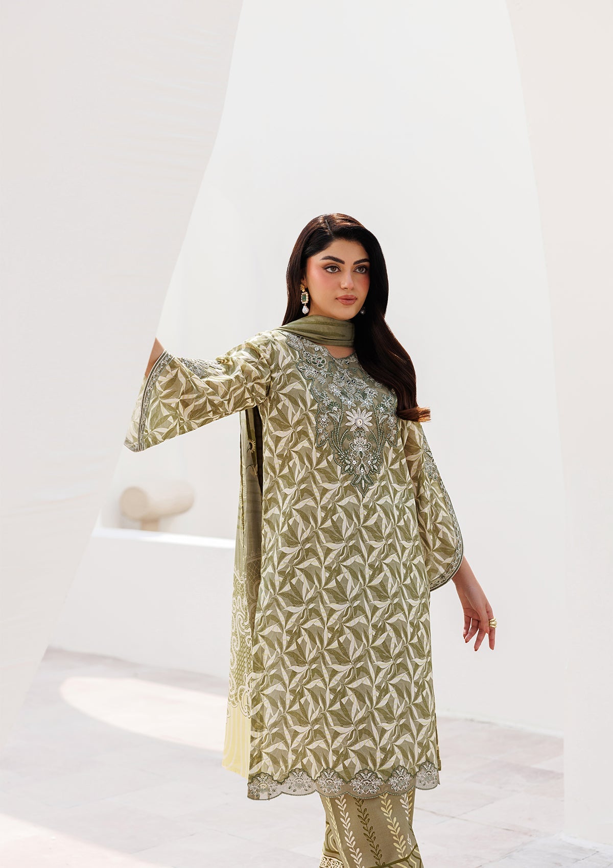 Olive Green Embroidered Lawn Dress Material Online in Dubai UAE Abudhabi Ajman Sharjah