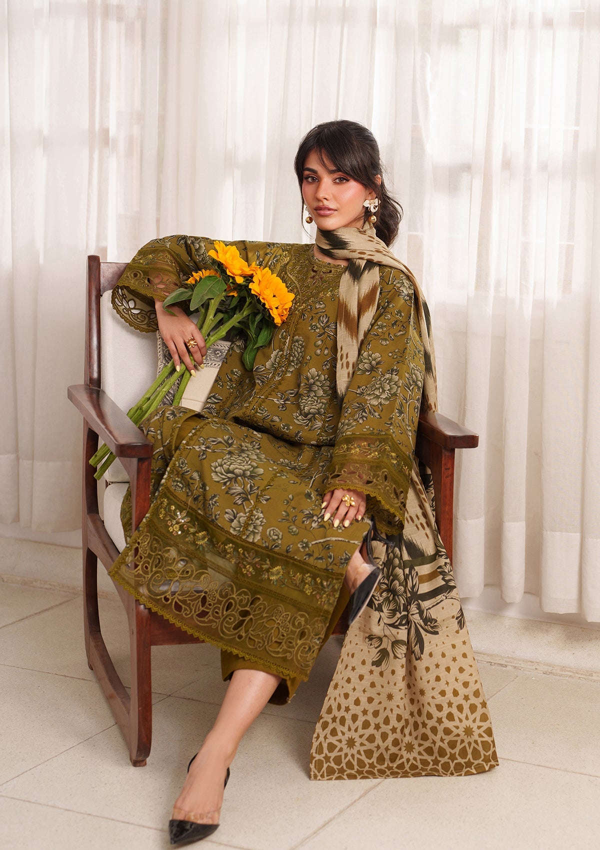 Olive Green Embroidered Lawn Fershi Trouser Suit Online in Dubai DXB UAE Abudhabi Meena Bazaar