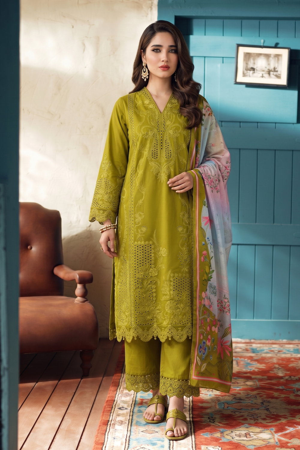 Olive Green Embroidered Lawn Festive Suit Online in Dubai UAE Abudhabi Ajman Sharjah