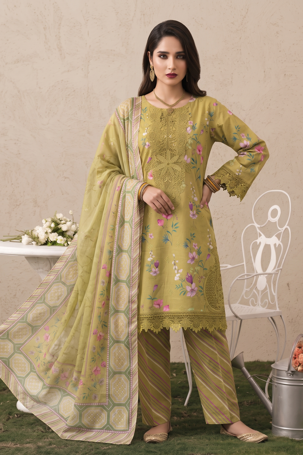 Olive Green Embroidered Lawn Festive Suit Online in Dubai UAE Abudhabi Ajman Sharjah